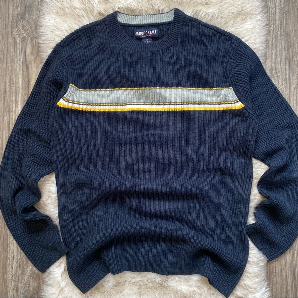 Men’s Y2K Aeropostale Navy Blue Yellow Gray Striped Sweater